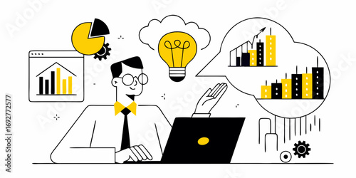 Businessman analyzing financial data and having a bright idea for business growth and success