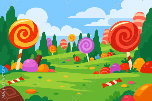 Colorful candy land background with giant lollipops chocolate pieces and sweet landscape in cartoon vector illustration