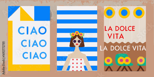 Italian summer vibes with ciao and la dolce vita designs featuring a woman and sunflowers