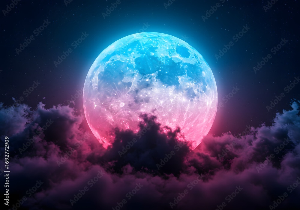 Obraz premium A full moon with vibrant blue and pink light in the night sky. Mystical and fantasy dream concept. A celestial scene with a colorful moon and dark clouds in deep space.