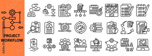 Project workflow icon set. Containing project management, workflow, task management, project plan, schedule, timeline, deadline, gantt chart, milestone, to do, task list, checklist, teamwork