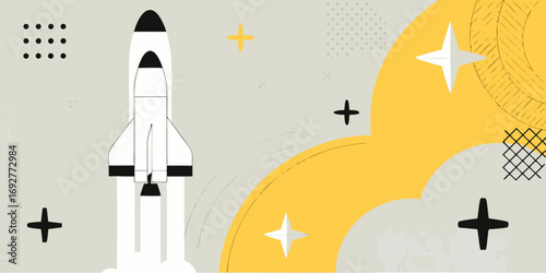 Stylized rocket ship blasting off into space with abstract geometric shapes and stars