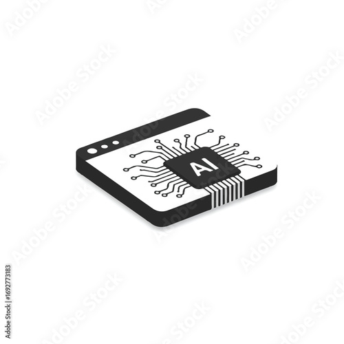 Isometric illustration of a smartphone with an AI chip design on its screen, showcasing a black and white robotic pattern on a clean white background.