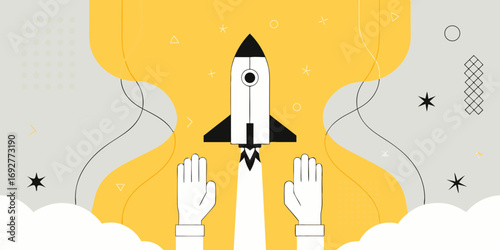Flat design illustration of a rocket launching with hands reaching up against a yellow and grey abstract background