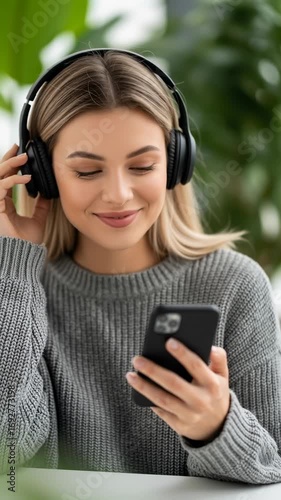 Calm young Caucasian woman listening to music on her wireless headphones and smartphone