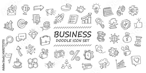 Business doodle line icon set isolated on white background. Hand drawn Business related elements can be used in marketing, finance and other business concepts. Vector illustration. Editable stroke.