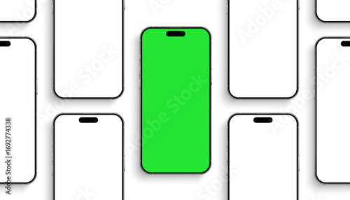 Smartphone mockup group, 3D mobile phones device front view, high quality smart phone mockup with shadow for ui ux presentation, realistic smart phone set isolated on white background