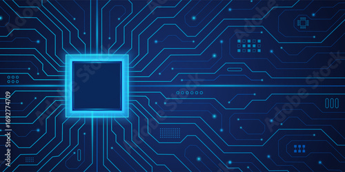 Processor CPU with glowing neon frame on circuit board. Technology artificial intelligence innovation web banner. Digital AI chip tech semiconductor pattern. Big data backdrop