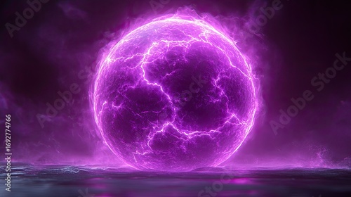 Abstract glowing purple sphere, energy orb, dark background, vaporous clouds