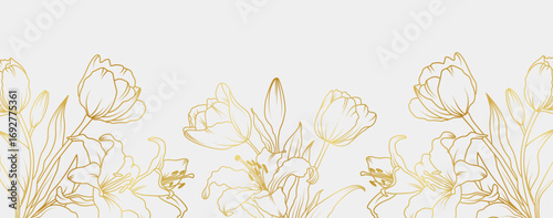 Luxury gold lily and tulip flowers background. Floral pattern tropical in line art style for greeting, invitation, wedding card, wall art, wallpaper and print. Vector illustration