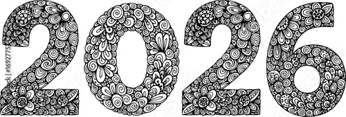 2026 typography illustration in Zentangle and mandala style. Each number is filled with intricate black and white doodle patterns.Vector illustration