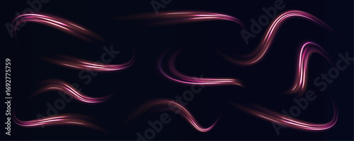 Set of neon speed lines on transparent background. Lines in the shape of a comet against a dark background. Abstract energy in the form of stripe, arc, curl and zigzag in neon colors with light.