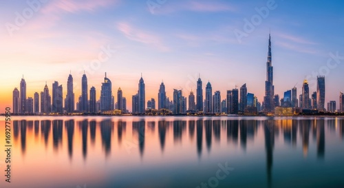 City skyline at dawn, reflected in water