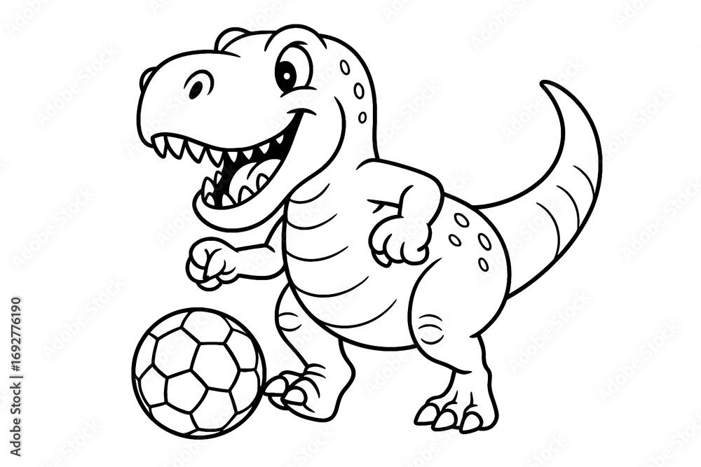 Fototapeta premium Happy dinosaur playing soccer, kicking a football with excitement. Fun coloring page