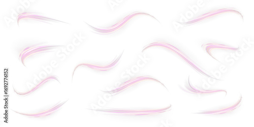 Set of neon speed lines on transparent background PNG. Colored shiny sparks of spiral wave. Curved bright speed line swirls.	