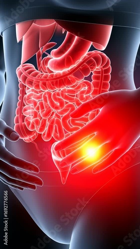 Conceptual digital illustration of a woman with red glowing digestive organs