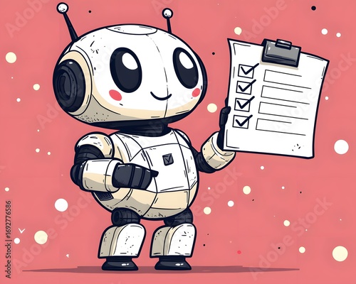 Friendly Bot with a Checklist: A cheerful robot confidently presents a checklist. Its gleaming metal body and expressive digital eyes convey a message of efficiency and automation.