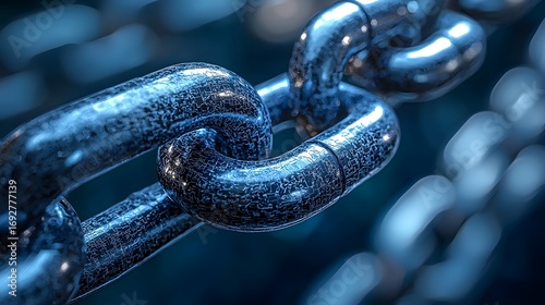 Interlocking Iron Chain: A close-up shot focuses on a robust, industrial chain, its steel links seamlessly intertwined against a blurred, atmospheric backdrop, evoking themes of strength, connection.