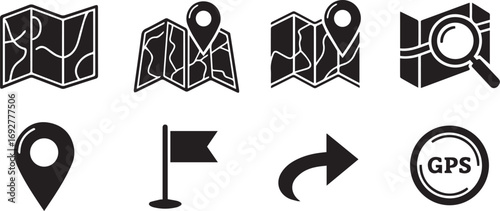 Minimalist black navigation icon set – hand-drawn silhouettes of maps, pins, arrows, and GPS symbols for travel apps, location services, and UI design.