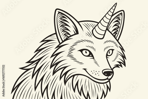 Black line art illustration of a fox with a unicorn horn on a cream background animal black and white