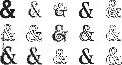 Minimalist black ampersand icon set – hand-drawn typographic silhouettes and ornate font variations for branding, design, and visual communication.