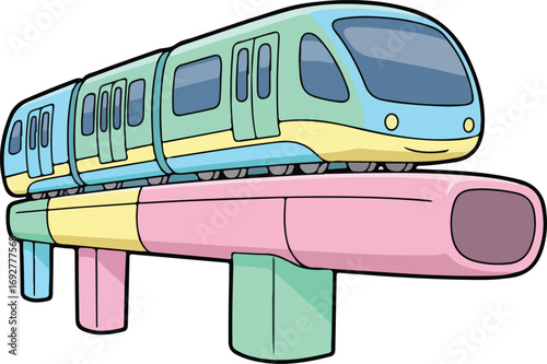 Colorful cartoon monorail train traveling on elevated tracks with pastel colored supports