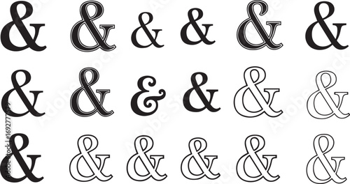 Minimalist black ampersand icon set – hand-drawn typographic silhouettes and outlines showcasing diverse font weights, shadows, and design styles for graphic and branding use.