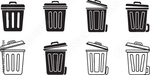 Minimalist black trash can icon set – hand-drawn silhouettes of wheeled bins with open and closed lids for UI design, signage, and waste management visuals.
