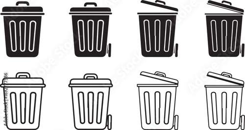 Minimalist black trash bin icon set – hand-drawn silhouettes and outlines of wheeled garbage cans with lid positions for UI design, signage, and waste management visuals.