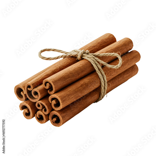 Bundle of cinnamon sticks tied with string on transparent background
