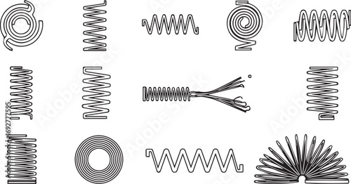 Minimalist black spring and coil icon set – hand-drawn silhouettes of helical, zigzag, spiral, and multi-strand designs for engineering, mechanics, and industrial visuals.