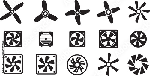 Minimalist black fan icon set – hand-drawn silhouettes of blade styles and enclosed units for ventilation, cooling systems, and mechanical design.