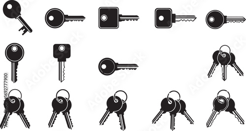 Minimalist black key icon set – hand-drawn silhouettes of single keys and key rings with varied head shapes for security, access, and design themes.