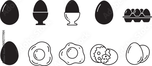Minimalist black and white egg icon set – hand-drawn line art of whole eggs, fried eggs, cracked shells, egg cups, and cartons for food design and kitchen visuals.