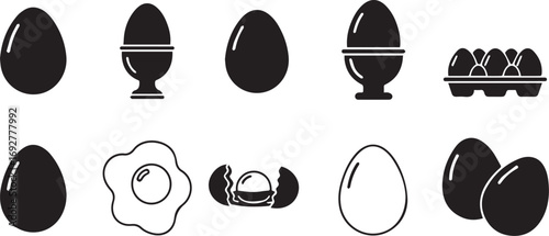 Minimalist black and white egg icon set – hand-drawn line art of whole eggs, fried eggs, cracked shells, cartons, and cups for culinary and design use.