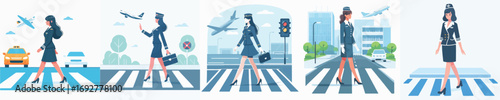 vector character of a flight attendant crossing the road