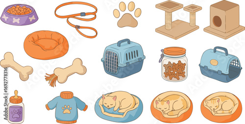 Cute pet accessories and supplies collection, cat and dog essentials, pet food bowl, leash, carrier, toys, bed, sweater, scratching post.