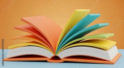 A 3D illustration of an open book with colorful pages. Education, creativity, and learning concept. A stylized textbook representing the joy of reading, knowledge, and storytelling.