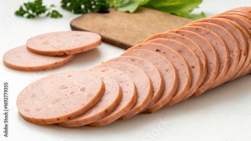 Sliced luncheon meat arranged on cutting board with fresh herbs