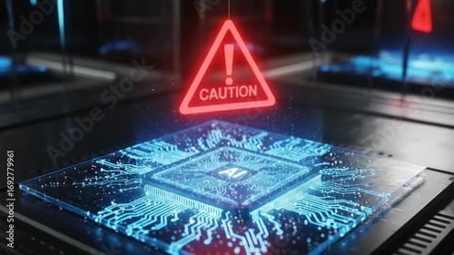 Caution: AI Chip Alert with Warning Sign Emitting Digital Circuit Light Pattern