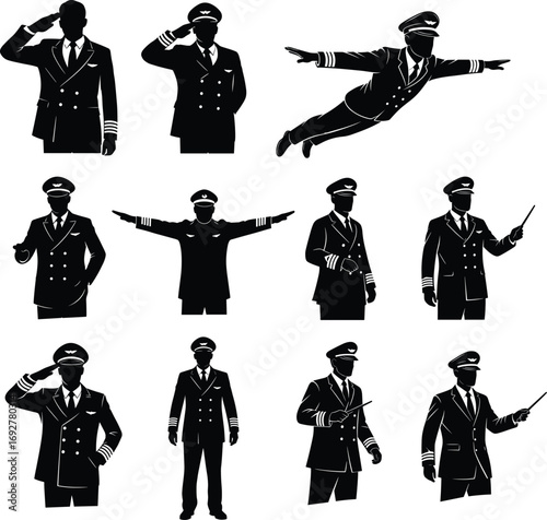 Airline pilots, pilot uniform, airplane crew, flight captain, aviation staff, pilot salute, professional pilot, aviation gestures, air travel command