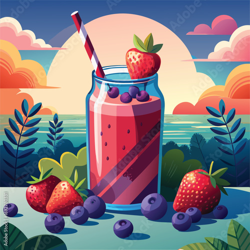 A glass jar of colorful smoothie with strawberries and blueberries