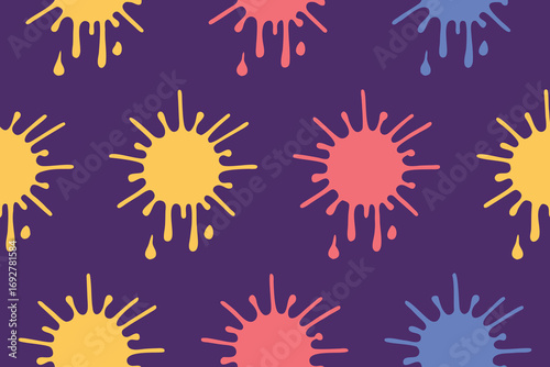 Seamless pattern of stylized yellow coral and blue paint splatters on a dark purple background vector