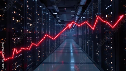 Data Center Server Room with Rising Arrow Graph, High Performance Computing