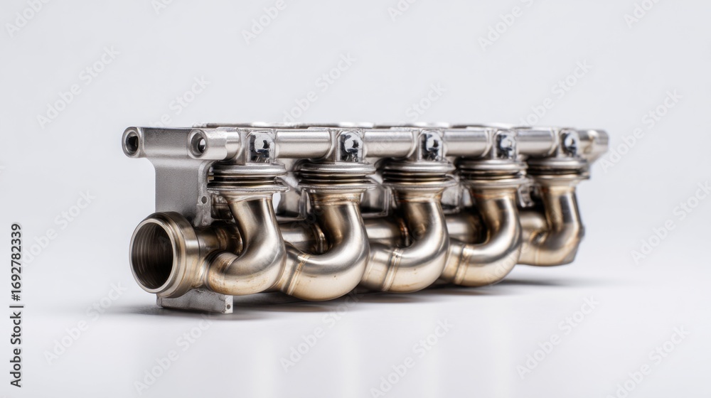 Fototapeta premium Metal exhaust manifold displaying precise welding, curved structural design resting on pristine white surface, revealing automotive engineering complexity
