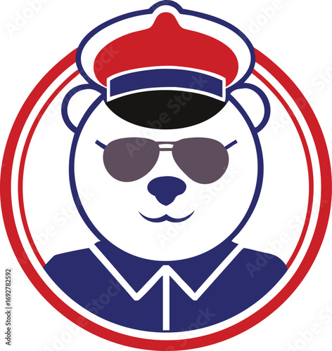 A cool polar bear captain wearing sunglasses and a cap is featured in a minimalist circular design