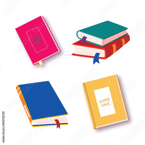 An assortment of colorful books with bookmarks, including a 'Super Sale' labeled book, on a white background.