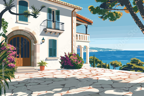 Rustic Mediterranean Villa Overlooking the Sea isolated illustration