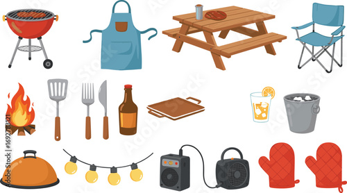 Outdoor barbecue essentials, grilling tools, picnic table, campfire, apron, folding chair, cooler, drinks, oven mitts, string lights, perfect summer cookout.