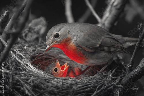 Selective color shot of robin feeding young red chest glowing against grayscale nest branches hyper realistic detail